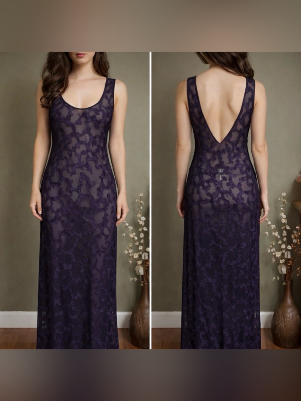VS Rare Vintage 80s-90s Sheer Devoré Maxi Slip Dress Nightgown Deep Purple